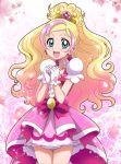  1girl :d bangs blonde_hair bow choker collarbone cowboy_shot cure_flora dress earrings floating_hair gloves go!_princess_precure gradient_hair green_eyes hanzou high_ponytail highlights highres jewelry layered_dress long_hair looking_at_viewer multicolored_hair open_mouth parted_bangs pink_dress pink_hair precure red_bow short_dress smile solo sparkle standing very_long_hair white_gloves 