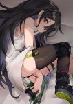  1girl armpits ass bare_arms bare_shoulders between_legs black_footwear black_hair black_legwear black_panties c-ms_(girls_frontline) cbj-ms closed_mouth colored_inner_hair dress girls_frontline gun holding jeynine9 knee_pads long_hair looking_at_viewer lying mole mole_under_eye multicolored_hair on_side panties red_eyes shoes short_dress single_thighhigh skindentation sleeveless sleeveless_dress solo submachine_gun thigh_strap thighhighs underwear very_long_hair weapon white_dress 