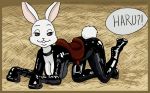  anthro beastars breasts butt clothing dialogue english_text female fur haru_(beastars) lagomorph leporid long_ears mammal petplay ponyplay rabbit roleplay rubber solo text url vylfgor white_body white_fur 