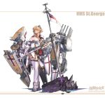 1girl blonde_hair blue_eyes breasts cannon cross flag high_heels highres holding holding_sword holding_weapon large_breasts machinery ponytail saint_george_(warship_girls_r) sidelocks solo sword thighhighs turret warship_girls_r weapon white_ensign white_legwear windforcelan 