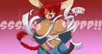  abs angry anthro areola belt bottomwear braided_hair breasts clothing eyes_closed female hair jacket jeans lagomorph leporid long_hair mammal mastergodai nipples open_mouth pants rabbit red_eyes solo text thong topwear torn_clothing underwear undressing wraps 