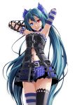  1girl armpits asymmetrical_legwear asymmetrical_sleeves bangs black_legwear blue_eyes blue_hair blue_skirt closed_mouth commentary cowboy_shot detached_sleeves hair_between_eyes hair_ornament hatsune_miku heterochromia highres long_hair long_sleeves looking_at_viewer midriff miniskirt navel plaid plaid_skirt project_diva_(series) red_eyes shiny shiny_hair simple_background skirt sleeveless smile solo standing stomach strapless striped striped_legwear striped_sleeves thighhighs tsukishiro_saika twintails very_long_hair vocaloid white_background zettai_ryouiki 