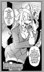  absolute_territory anthro bottomwear canid canine canis clothed clothing comic daigaijin dialogue domestic_dog english_text female fur furryfight_chronicles hair hi_res lagomorph leporid mammal miho_(furryfight_chronicles) miho_barkowitz monochrome muko rabbit skirt solo text tongue tongue_out 