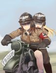  2girls absurdres armband black_footwear blonde_hair blue_eyes blush boots breast_pocket brown_coat brown_gloves brown_hair closed_mouth coat gloves goggles goggles_around_neck ground_vehicle helmet highres knee_boots long_hair looking_away military military_uniform motor_vehicle motorcycle motorcycle_helmet multiple_girls nazi open_mouth original outdoors pocket smile swastika unicron_(brous) uniform 