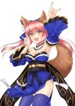  1girl absurdres animal_ear_fluff animal_ears bare_shoulders blue_kimono blue_legwear blue_ribbon blush breasts cleavage detached_sleeves double_fox_shadow_puppet eyebrows_visible_through_hair fang fate/extella fate/extra fate/extra_ccc fate/grand_order fate_(series) fox_ears fox_girl fox_shadow_puppet fox_tail hair_ribbon highres japanese_clothes kimono large_breasts looking_at_viewer open_mouth pink_hair ribbon simple_background solo tail tamamo_(fate)_(all) tamamo_no_mae_(fate) wdasca white_background yellow_eyes 