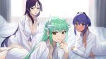  3girls aqua_hair backlighting bangs beppu_mitsunaka blush breasts cleavage closed_mouth collarbone collared_shirt dark_skin dragon_girl dragon_horns dress_shirt fate/grand_order fate/prototype fate/prototype:_fragments_of_blue_and_silver fate_(series) hairband hassan_of_serenity_(fate) highres horns kiyohime_(fate/grand_order) large_breasts long_hair looking_at_viewer lying medium_breasts minamoto_no_raikou_(fate/grand_order) multiple_girls on_stomach open_mouth parted_bangs purple_eyes purple_hair shirt short_hair sitting smile very_long_hair wariza white_shirt window yellow_eyes 