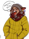  2018 3:4 ambiguous_gender anthro black_nose blush brown_body brown_eyes brown_fur canid canine clothing dumb ear_piercing english_text eyewear fox fur glasses hands_in_pockets hat headgear headwear hi-ku hi_res jacket mammal open_mouth piercing pockets scarf signature simple_background solo speech_bubble teeth text tongue topwear white_background 