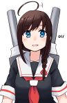  1girl absurdres ahoge artist_logo black_hair black_serafuku blue_eyes braid cannon hair_over_shoulder highres kantai_collection long_hair looking_at_viewer ma_rukan machinery neckerchief red_neckwear school_uniform serafuku shigure_(kantai_collection) simple_background single_braid solo turret upper_body white_background 