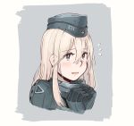  1girl bangs blonde_hair blue_eyes blush commentary_request eyebrows_visible_through_hair flying_sweatdrops garrison_cap hat kantai_collection long_hair looking_at_viewer military military_uniform open_mouth simple_background smile solo two-tone_background u-511_(kantai_collection) uniform upper_body weidashming white_background 