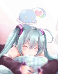  1girl ahoge akino_coto bare_shoulders black_sleeves blush closed_eyes commentary detached_sleeves hatsune_miku hatsune_miku_graphy_collection long_hair lying on_stomach pillow pillow_hug spring_onion_print tears twintails vocaloid 