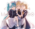  1boy 2girls apron aqua_eyes aqua_hair backlighting bangs black_dress blonde_hair blush commentary cowboy_shot crossdressing dress embarrassed frilled_apron frills gloves hair_ornament hairclip hand_on_another&#039;s_chin hand_up hatsune_miku heart holding holding_tray jam_(zamuchi) kagamine_len kagamine_rin long_hair looking_at_another maid maid_apron maid_day maid_dress maid_headdress multiple_girls open_mouth raised_eyebrows short_hair short_sleeves skirt_hold smile spiked_hair sweat swept_bangs symbol_commentary tongue tongue_out tray twintails very_long_hair vocaloid white_apron white_background white_gloves wrist_cuffs 