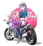  1girl absurdres bangs crop_top cropped_jacket fingerless_gloves fish.boy gloves green_eyes helmet highres jacket midriff navel necktie open_clothes open_jacket original purple_hair short_hair shorts sitting solo striped striped_legwear thighhighs 