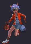  5_fingers absurd_res anthro ball basketball_(ball) black_nose blue_body blue_fur blue_hair blue_tail brand_new_animal canid canine clothed clothing dipstick_tail female fingers footwear fur gloves_(marking) hair hi_res humanoid_hands mammal markings michiru_kagemori multicolored_clothing multicolored_footwear multicolored_tail raccoon_dog red_clothing red_footwear simple_background solo studio_trigger tanuki tongue two_tone_clothing two_tone_footwear white_clothing white_footwear yu_meiyin 