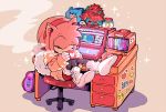  2019 accessory aimf0324 amy_rose anthro backpack beverage book chair clothing computer cup desk english_text eulipotyphlan eyes_closed female flower footwear furniture gloves hair_accessory hairband handwear headphones hedgehog laptop legwear mammal plant plushie sitting smile smoke socks solo sonic_the_hedgehog_(series) text video_games 