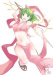  1girl bow breasts dancer dress fire_emblem fire_emblem:_genealogy_of_the_holy_war green_eyes green_hair groin hair_bow lene_(fire_emblem) midriff navel open_mouth pink_bow pink_dress sandals simple_background smile solo yukimiyuki 