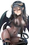  bikini boots bracelet brown_eyes demon_girl highres horns jewelry licking_lips long_hair looking_at_viewer micro_bikini navel_piercing original piercing ring see-through skin_tight skindentation swimsuit tail testame thigh_boots thigh_strap thighhighs tongue tongue_out twintails white_background wings 