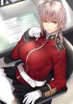  1girl bangs belt black_skirt braid breasts chair closed_mouth commentary_request desk eyebrows_visible_through_hair fate/grand_order fate_(series) florence_nightingale_(fate/grand_order) from_above gloves hair_between_eyes highres holding holding_pen jacket large_breasts looking_at_viewer miniskirt office_chair onineko-chan pantyhose paper pen pink_hair pleated_skirt red_eyes red_jacket sitting skirt white_belt white_gloves white_legwear 