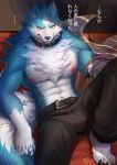  2020 5_fingers abs absurd_res anthro belt black_claws black_pawpads blue_body blue_eyes blue_fur blush bodily_fluids bottomwear brand_new_animal canid canine canis chest_tuft claws clothed clothing collar fingers fur gloves_(marking) hi_res japanese_text looking_at_viewer male mammal mao.j markings muscular muscular_male nipples pants pawpads pecs pink_nipples shirou_ogami solo studio_trigger sweat sweatdrop text toe_claws topless translated tuft white_body white_fur wolf 