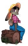  anthro buckteeth clothed clothing disney eyewear fabio_paulino female fully_clothed fur furgonomics gallogally grey_body grey_fur head_tuft hi_res judy_hopps lagomorph leporid looking_at_viewer looking_back mammal midriff purple_eyes rabbit simple_background sitting smile solo sunglasses teeth tuft whiskers white_background zootopia 