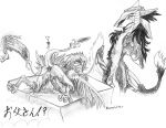  3way ahegao anthro avian blush bodily_fluids body_hair caught cum cum_inside disembodied_penis genital_fluids genitals group happy_trail japanese_text jiki kharnak looking_pleasured male male/male monochrome nevrean penis sergal text 