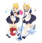  1boy 1girl apron bangs black_dress black_footwear blonde_hair blue_eyes blush bow broom bucket commentary dress duster embarrassed frilled_apron frills full_body hair_bow hair_ornament hairclip holding holding_bucket kagamine_len kagamine_rin knees_together_feet_apart leaning_forward looking_at_viewer maid maid_apron maid_day maid_dress necktie nokuhashi open_mouth shadow short_hair short_ponytail smile socks spiked_hair standing star sweeping swept_bangs towel v-shaped_eyebrows vocaloid white_apron white_background white_bow white_legwear yellow_neckwear 