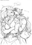  2019 anthro arms_under_breasts blep breasts canid canine claws clothing crossed_arms duo english_text female hair hands_on_shoulders hi-ku hi_res licking long_hair looking_back mammal markings monochrome navel neck_tuft nipples open_mouth panties signature simple_background speech_bubble teeth text tongue tongue_out tuft underwear url white_background 