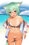  1girl :d absurdres animal_ear_fluff animal_ears aqua_eyes bare_shoulders beach bikini bikini_pull bikini_tan black_bikini breasts collarbone cowboy_shot day fox_ears fox_girl fox_tail front-tie_bikini front-tie_top glasses green_hair highres horizon jacket looking_at_viewer mathew_(srmmk_mce) navel nipples ocean off_shoulder open_clothes open_jacket open_mouth outdoors pink-framed_eyewear semi-rimless_eyewear short_hair side-tie_bikini small_breasts smile solo standing stomach swimsuit tail tan tanline thighs under-rim_eyewear vrchat water wet yuyake_hino 