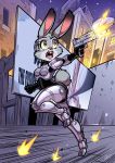  2019 absurd_res anthro buckteeth building city crossover detailed_background disney english_text female fur gallogally grey_body grey_fur gunfire hi_res holding_gun holding_object holding_weapon judy_hopps lagomorph leporid mammal open_mouth outside purple_body purple_fur rabbit robocop_(franchise) shooting sign sky solo teeth text weapon whiskers zootopia 