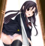  artist_request black_hair black_legwear blazer bow bowtie brown_eyes dress_shirt hatchet jacket katsura_kotonoha long_sleeves miniskirt oriental_hatchet panties pubic_hair school_days school_uniform see-through shirt side-tie_panties skirt solo thigh_gap thighhighs underwear white_panties yandere 