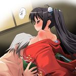  1girl black_hair blush flat_chest hermmy japanese_clothes kimono kooh max_(pangya) pangya twintails yukata 