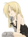  ahoge artist_request automail blonde_hair blush breasts edward_elric fullmetal_alchemist genderswap genderswap_(mtf) lingerie long_hair mechanical_arm mechanical_leg nipple_slip nipples prosthesis small_breasts solo underwear yellow_eyes 