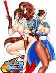  artist_request blush bracelet breasts brown_hair bun_cover capcom capcom_vs_snk capcom_vs_snk_2 china_dress chinese_clothes chun-li closed_fan crossover double_bun dress fan fatal_fury fingerless_gloves folding_fan gloves jewelry large_breasts loincloth long_hair multiple_girls nipples open_clothes open_shirt pantyhose pelvic_curtain ponytail rope sash shiranui_mai shirt snk spiked_bracelet spikes street_fighter the_king_of_fighters very_long_hair 