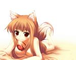  animal_ears apple breasts brown_hair food fruit holding holding_food holding_fruit holo legs_up long_hair lying nipples nude on_stomach red_eyes small_breasts spice_and_wolf suga_hideo tail wolf_ears 