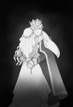  1boy 1girl :| bangs black_background bound bound_wrists closed_eyes closed_mouth cross crown dress facing_away facing_viewer feet_out_of_frame greyscale guinevere head_tilt highres hug jowell_she king_arthur long_hair long_sleeves monochrome original rosary simple_background standing tiara veil wide_sleeves 