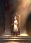  1boy bangs banner blonde_hair blue_eyes boots brown_footwear clenched_hand closed_mouth crown frown indoors jowell_she king_arthur looking_at_viewer original outstretched_hand robe sheath sheathed short_sleeves solo stairs standing sunlight sword throne weapon 