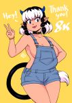  1girl 2020 absurdres animal_ears black_hair blue_eyes blue_horns blush bracelet breasts choker closed_mouth collarbone cow_ears cow_girl cow_horns cow_tail dark_skin eyebrows highres horns jewelry large_breasts looking_at_viewer multicolored_hair naked_overalls original overalls plump pointy_ears short_hair simple_background smile solo tabaki_(taggo) taggo tail tongue tongue_out two-tone_hair v white_hair yellow_background 