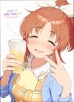  2020 :d ^_^ abe_nana alcohol beer blue_jacket bow closed_eyes hair_bow happy happy_birthday idolmaster idolmaster_cinderella_girls jacket lips omaru_gyuunyuu open_mouth orange_hair ponytail ribbon smile tagme v 