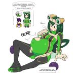  1:1 2019 amphibian amphibian_humanoid animal_humanoid asui_tsuyu belly big_belly bodysuit clothing costume dr--worm duo english_text female frog_humanoid gloves green_clothing green_hair hair handwear hi_res humanoid larger_female male my_hero_academia overweight purple_clothing simple_background size_difference skinsuit speech_bubble text tight_clothing vore white_background 