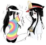  1girl ?? arms_behind_head arms_up ass back bangs black_hair black_headwear black_panties blush breasts clothes_writing colorful family_crest fate/grand_order fate_(series) hat indian_style kodamari koha-ace long_hair looking_at_viewer multicolored_shirt multiple_views nape oda_nobunaga_(fate) oda_nobunaga_(fate)_(all) oda_uri open_mouth panties peaked_cap ponytail red_eyes shirt short_sleeves sidelocks simple_background sitting thighs translation_request tying_hair underwear white_background white_shirt 