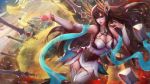  blue_eyes brown_hair irelia kaze_no_gyouja league_of_legends long_hair no_bra signed weapon 