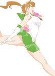  1girl :d bishoujo_senshi_sailor_moon breasts brown_hair circlet elbow_gloves from_side gloves green_eyes green_sailor_collar green_skirt hair_bobbles hair_ornament highres kino_makoto kishi_torajirou large_breasts leg_up long_hair miniskirt open_mouth panties pantyshot pleated_skirt ponytail sailor_collar sailor_jupiter sailor_senshi_uniform sideways_mouth simple_background skirt sleeveless smile solo teeth underwear white_background white_gloves white_panties 