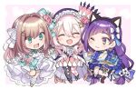  3girls :d ;3 ^_^ ^o^ animal_ears asymmetrical_legwear blue_bow blue_cardigan blue_dress blush bow brown_hair cat_ears cat_tail chibi closed_eyes dress eyebrows_visible_through_hair fake_animal_ears fensi floating flower frilled_hood frills full_body hair_between_eyes hair_bow hair_flower hair_ornament hanabana_tsubomi hands_together happy hood kamishiro_kurea long_hair low-tied_long_hair medium_hair multiple_girls nijisanji one_eye_closed open_mouth otogi_resurrection pantyhose pink_flower pink_hair purple_eyes purple_hair sephira_su shirt smile suzuhara_lulu tail virtual_youtuber white_dress white_shirt x_hair_ornament 