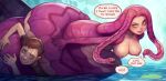  big_breasts blush breasts cyancapsule english_text euryale female hi_res human lamia living_hair male mammal nipples nude partially_submerged pseudo_hair reptile scalie serpentine snake snake_hair speech_bubble tail_coil text thick_tail 