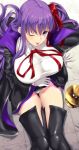  1girl bb_(fate)_(all) bb_(fate/extra_ccc) black_cape black_legwear boots breasts cape collared_leotard fate/extra fate/extra_ccc fate/grand_order fate_(series) from_above hair_ribbon highres large_breasts leotard long_hair looking_at_viewer one_eye_closed purple_eyes purple_hair rakia_(ds00309) ribbon sitting solo taut_clothes thigh_boots thighhighs tongue tongue_out very_long_hair white_leotard 