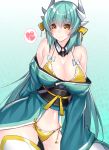  1girl absurdres aqua_hair bikini breasts cleavage fate/grand_order fate_(series) hair_ornament heart highres horns japanese_clothes kimono kiyohime_(fate/grand_order) kiyohime_(swimsuit_lancer)_(fate) long_hair navel off_shoulder solo spoken_heart swimsuit watosu_(watosu_mama) yellow_bikini yellow_eyes 