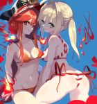  2girls ahoge ass back bangs bare_shoulders bikini black_headwear blonde_hair blue_background blush breasts cleavage closed_mouth collarbone criss-cross_halter earrings family_crest fate/grand_order fate_(series) fire green_eyes grin hair_between_eyes hair_intakes halterneck hat headphones headphones_around_neck jewelry kodamari large_breasts long_hair looking_at_viewer medium_breasts multiple_girls navel nero_claudius_(fate)_(all) nero_claudius_(swimsuit_caster)_(fate) oda_nobunaga_(fate)_(all) oda_nobunaga_(swimsuit_berserker)_(fate) oda_uri peaked_cap red_bikini red_eyes red_hair side-tie_bikini sidelocks simple_background sitting smile striped striped_bikini swimsuit thighs twintails 