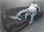  alligatorbytes anthro belly beverage erection fin fish furniture genitals humanoid_genitalia humanoid_penis male marine overweight overweight_male penis scalie shark sofa solo 
