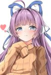  1girl absurdres animal_ears azur_lane blue_eyes blush brown_sweater calligraphy_brush calligraphy_brush_(medium) close-up dress eyebrows_visible_through_hair gradient gradient_background graphite_(medium) hair_ribbon heart highres long_hair long_sleeves looking_at_viewer moyoron paintbrush purple_hair ribbon smile solo sweater sweater_dress tashkent_(azur_lane) traditional_media very_long_hair 