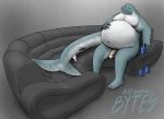  alligatorbytes anthro belly beverage fin fish flaccid furniture genitals male marine overweight overweight_male penis scalie shark sofa solo 