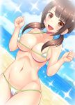  1girl areola_slip areolae arms_up bangs beach bikini blue_sky blunt_bangs breasts brown_eyes brown_hair clenched_hands cloud collarbone commentary_request day dutch_angle eyebrows_visible_through_hair kondou_ryunosuke large_breasts micro_bikini navel ocean okita_sawa open_mouth outdoors sidelocks sky smile solo sparkle standing sweat swimsuit tari_tari twintails water white_bikini 